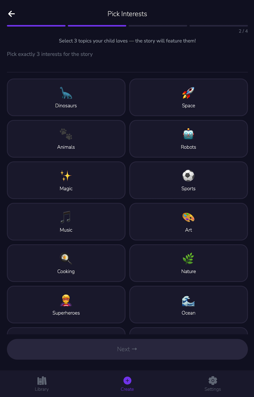 StoryDream story creation with interest picker