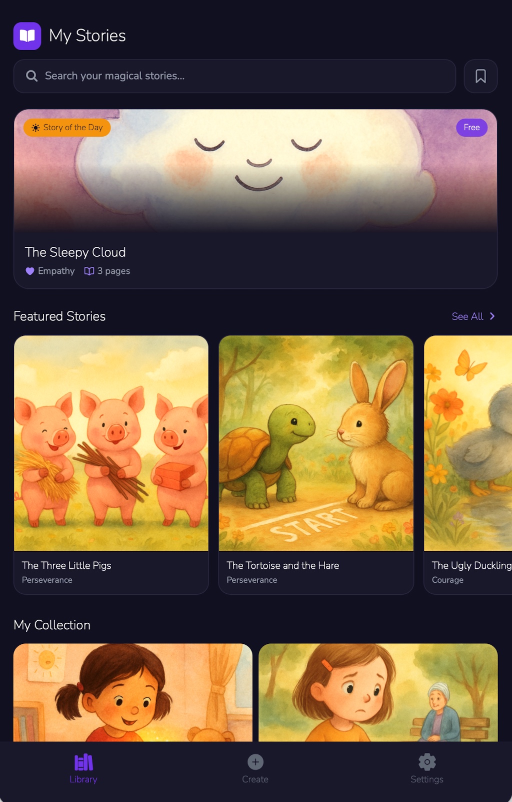 StoryDream story library with personalized bedtime stories