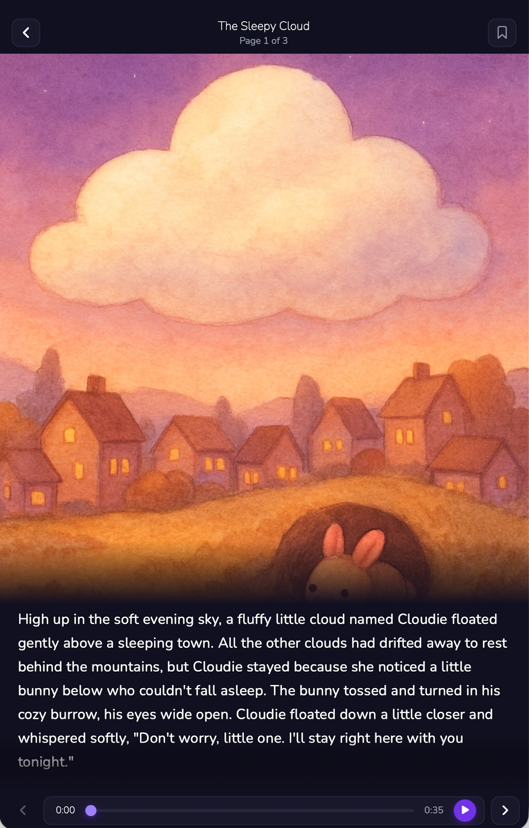 StoryDream story reading view with illustration and audio